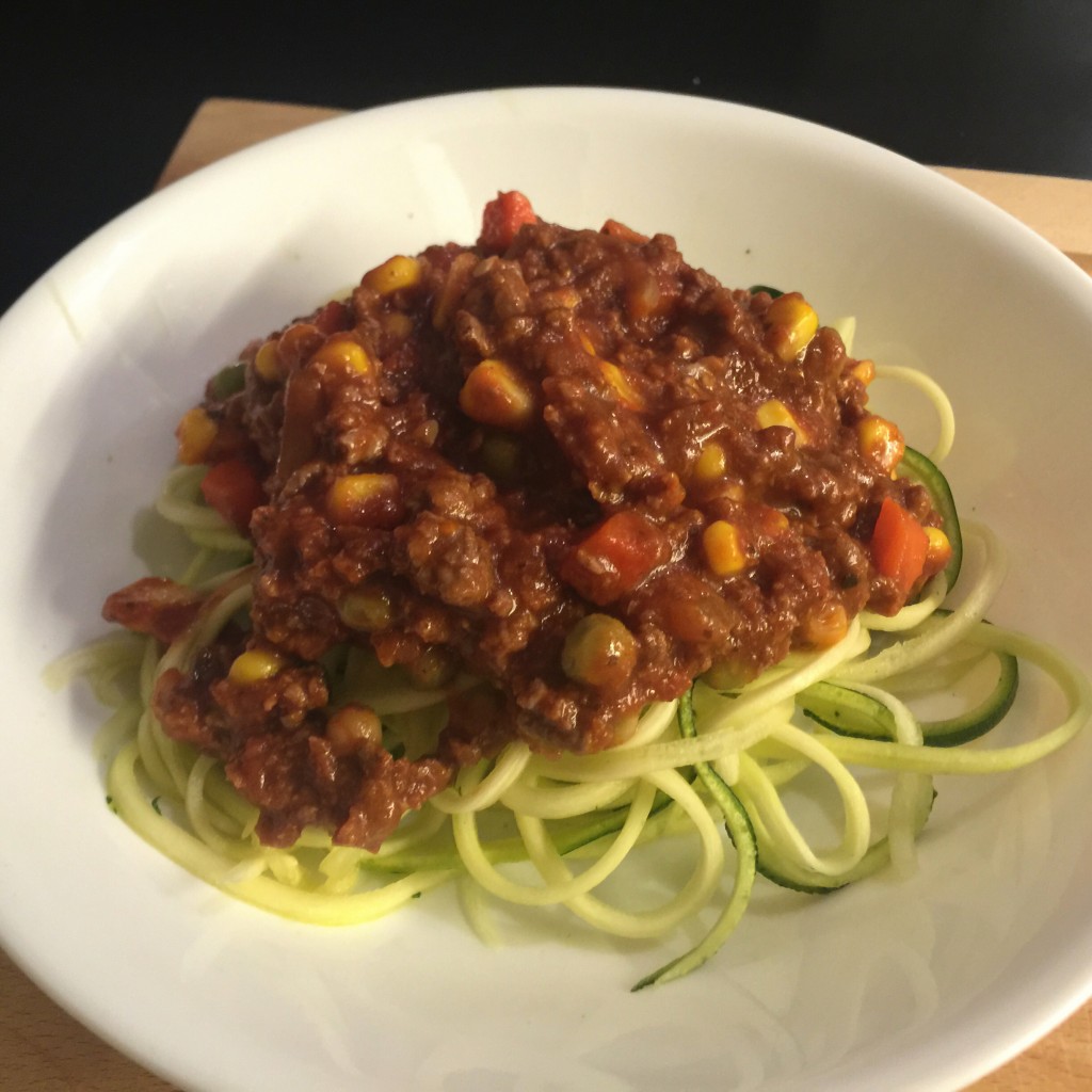 With some home-made Bolognese sauce. (My daugher likes it with the corn and carrots)